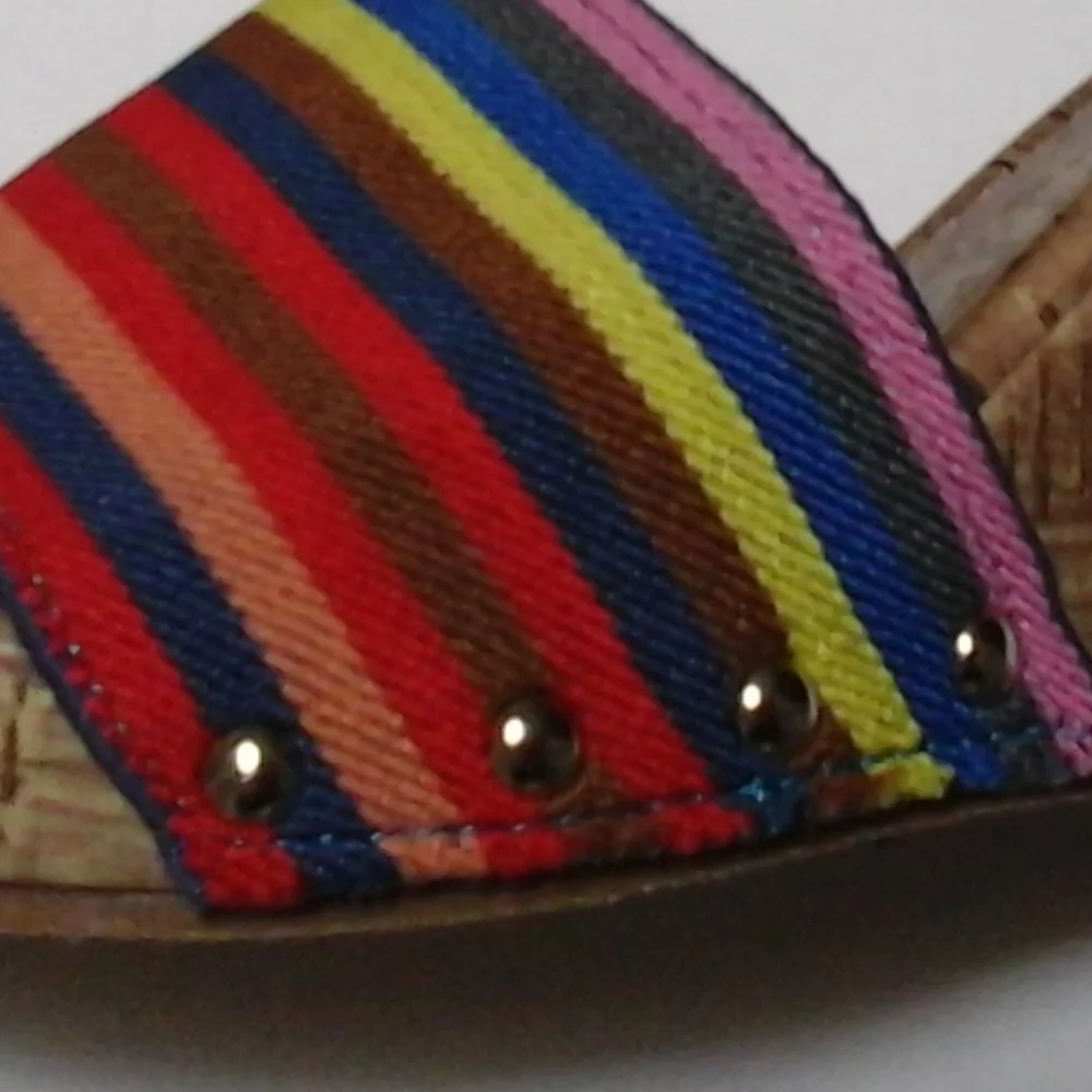 Y2K Vintage Multicolor Rainbow Woven Silver Stud Canvas Cork‎ Espadrille Wedges
